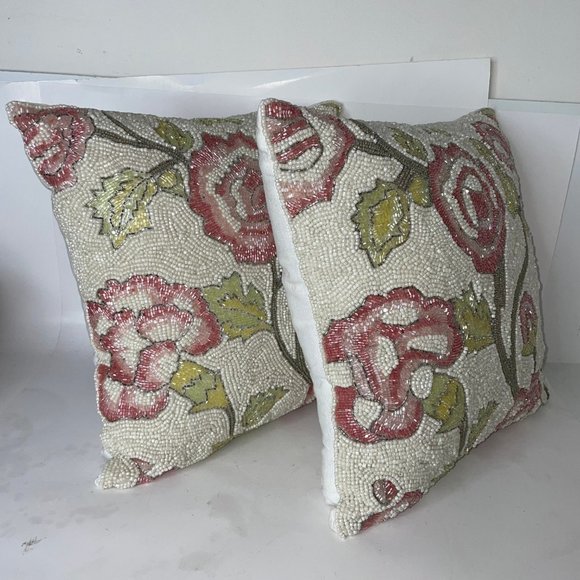 PRIMROSE VINTAGE Set of 2 Floral Pink Rose Beaded 12” Throw Decorative Pillows - Picture 2 of 15